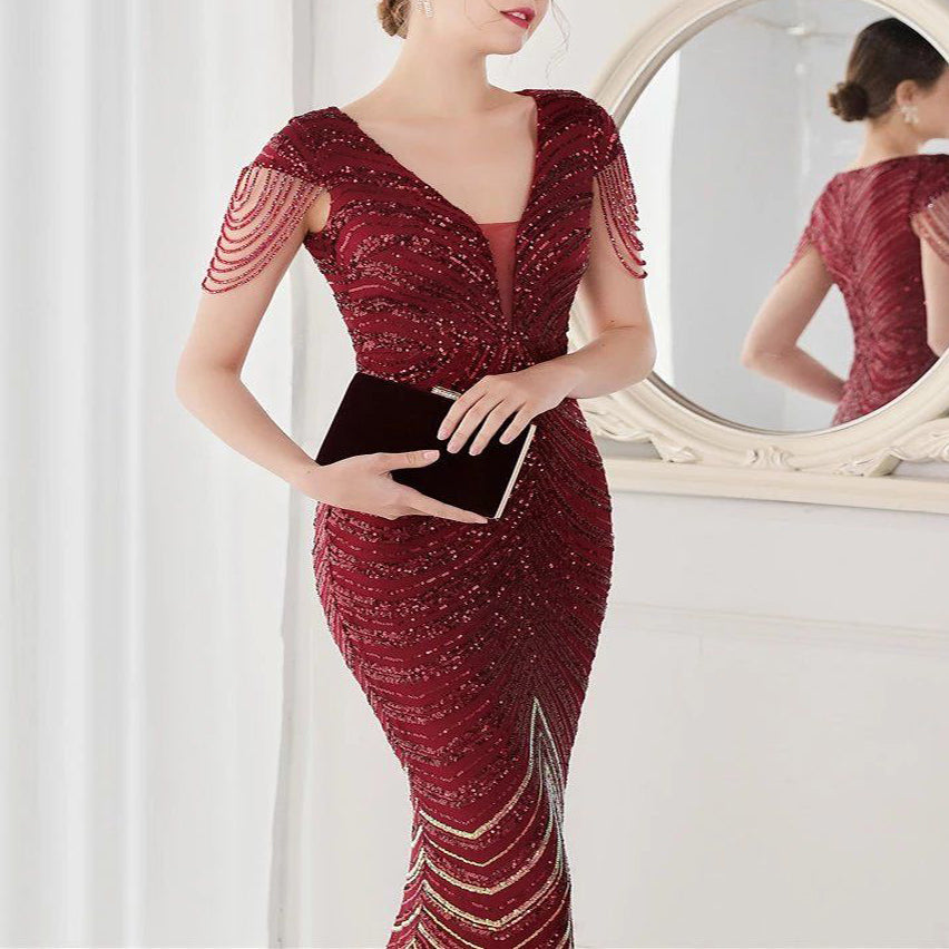 Cocktail & Party Dresses Deep V Neck Sequin Evening Dress