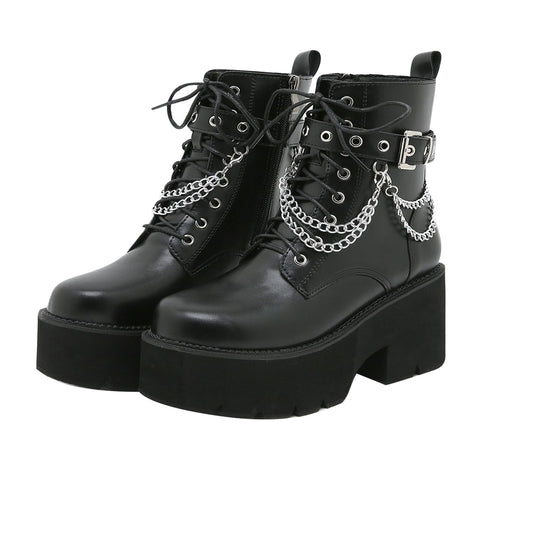 Women's PU Leather Combat Boots With Chains