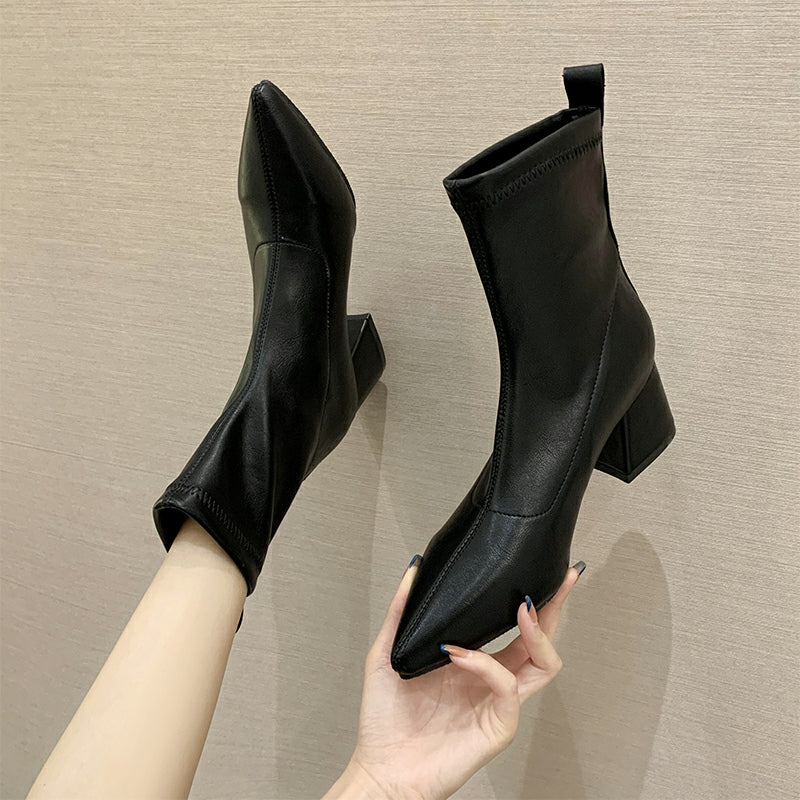 Women's PU Leather Slim Calf Slip On Boots