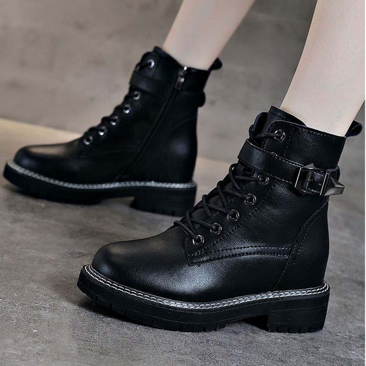 Women's Hidden Heel Leather Boots With Buckles