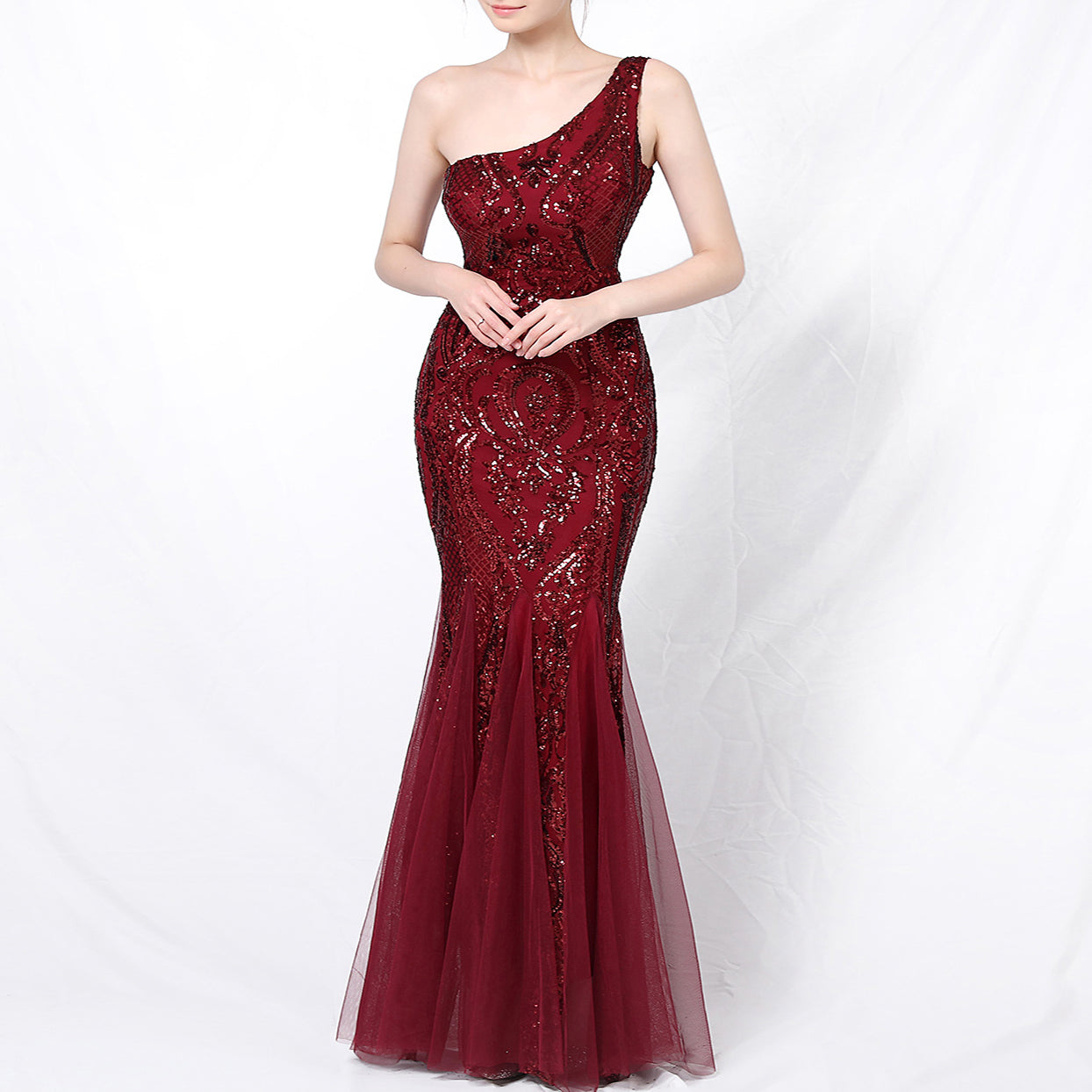 Long Prom Dress One Shoulder Sequin Party Dress