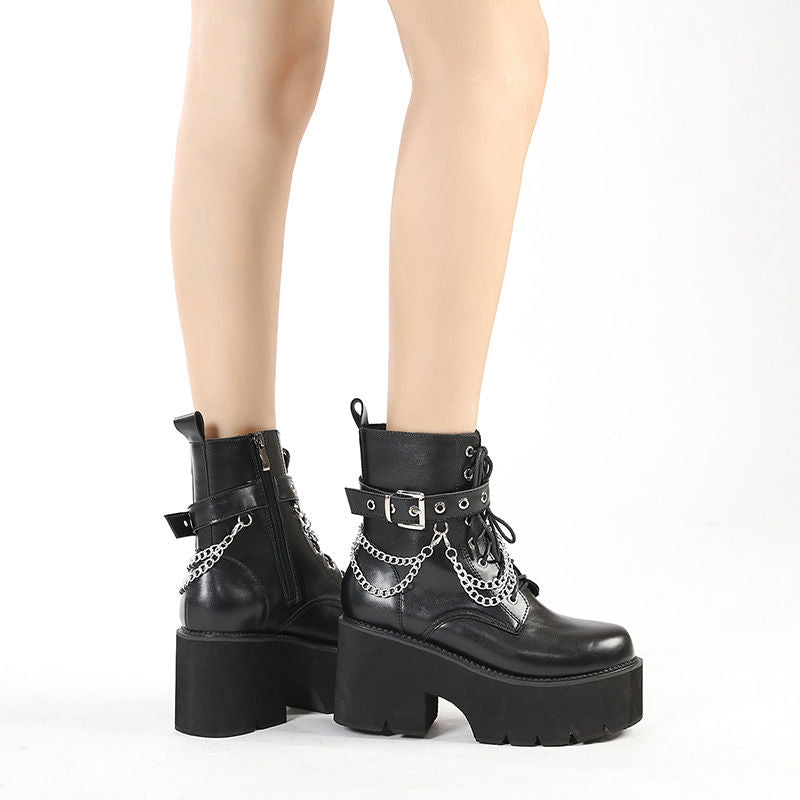 Women's PU Leather Combat Boots With Chains