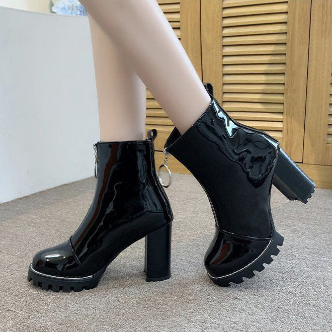 Women's Front Zipper PU Patent Leather Boots