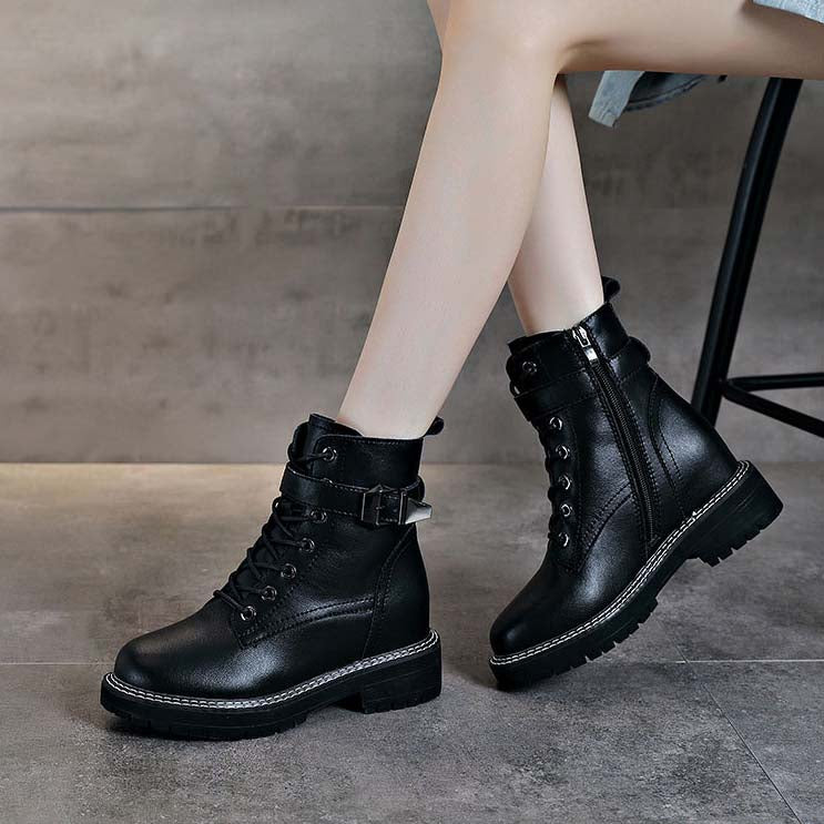 Women's Hidden Heel Leather Boots With Buckles