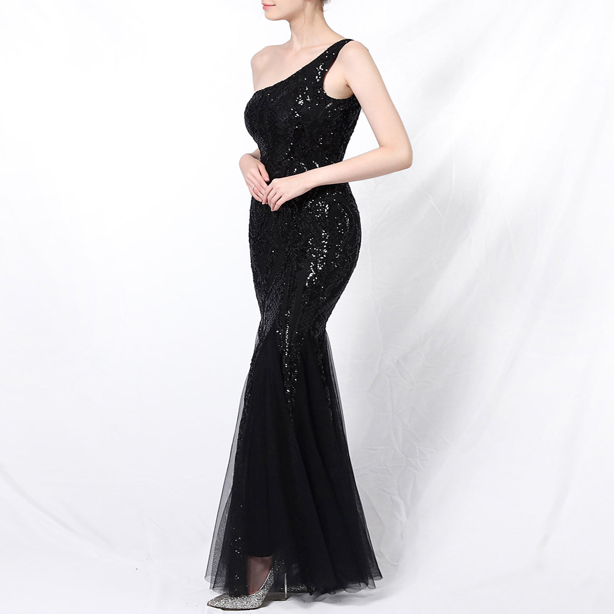 Long Prom Dress One Shoulder Sequin Party Dress