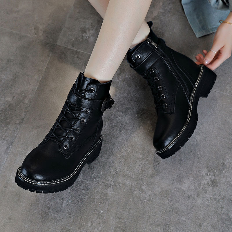 Women's Hidden Heel Leather Boots With Buckles