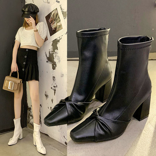 Women's Side Zipper PU Leather Boots With Bowknots