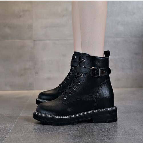 Women's Hidden Heel Leather Boots With Buckles