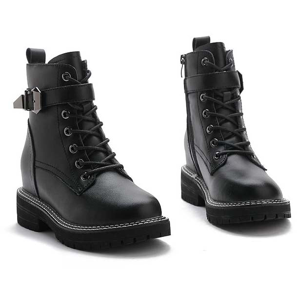 Women's Hidden Heel Leather Boots With Buckles