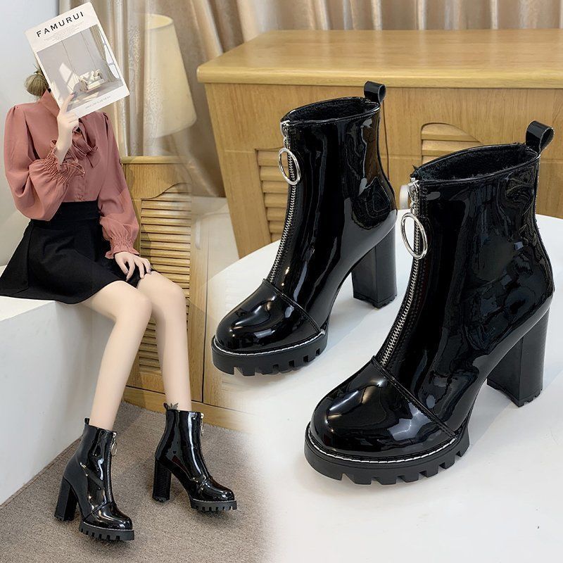 Women s Front Zipper PU Patent Leather Boots Duberess