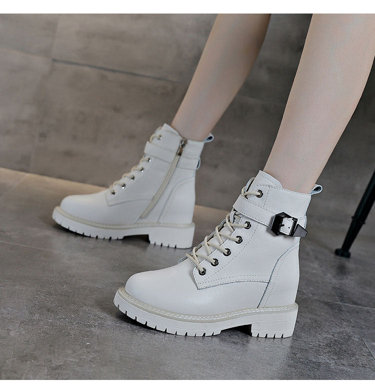 Women's Hidden Heel Leather Boots With Buckles